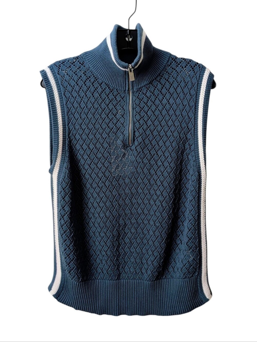 Caroline Constas Knit Sweater Vest Half Zip Funnel Neck Green Blue Large NWT